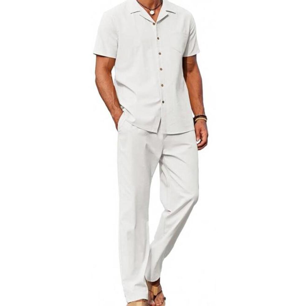 Coofandy Men 2 Piece Linen Button Down Shirt Casual Loose Pant Set Size L